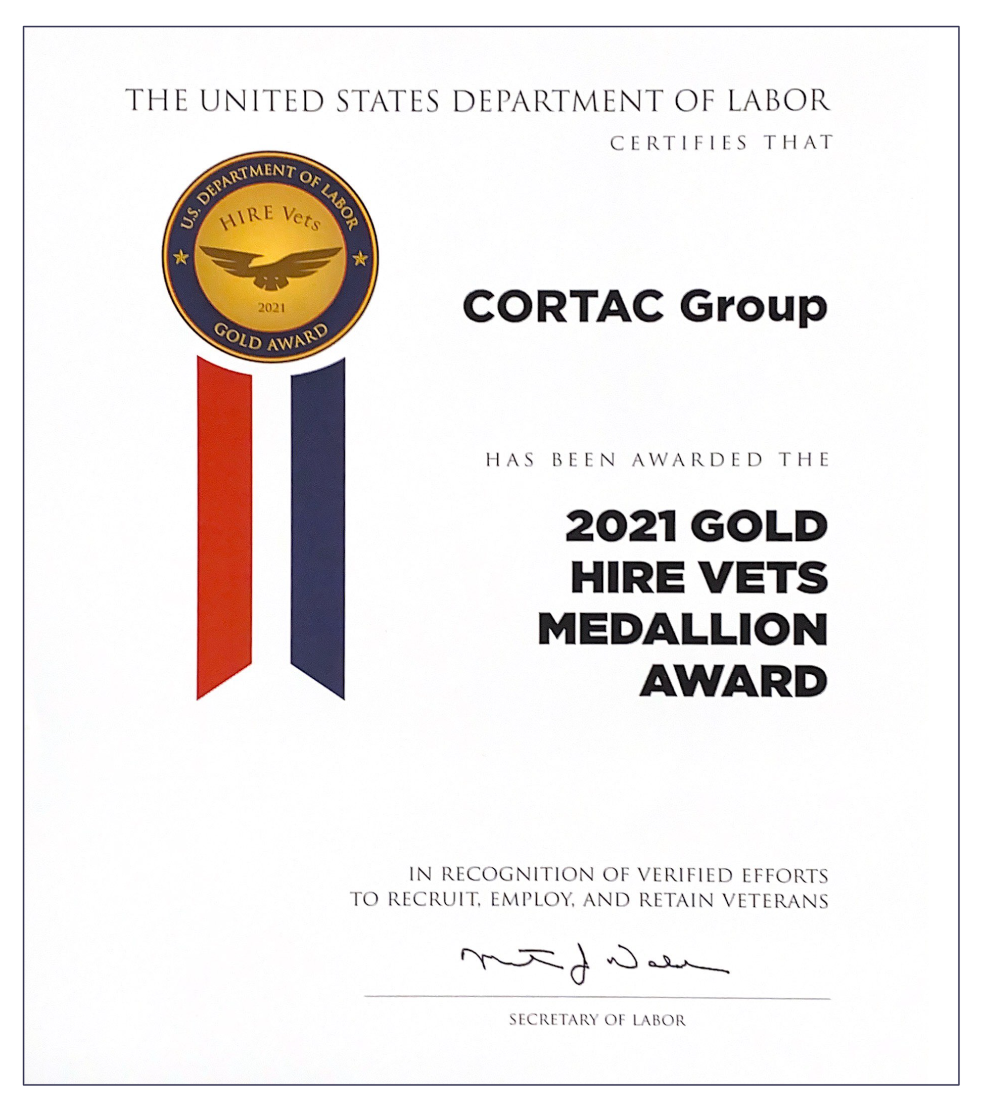 CORTAC Group presented with 2021 Gold Hire Vets Medallion Award by U.S. Department of Labor